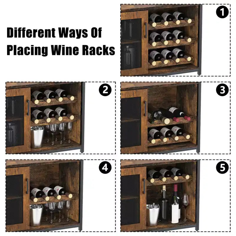 3-Tier Wine Bar Cabinet with Wine Rack and Storage Space, Buffet Cabinet with Glass Holder and Mesh Door, for Kitchen, Living Room and Bar