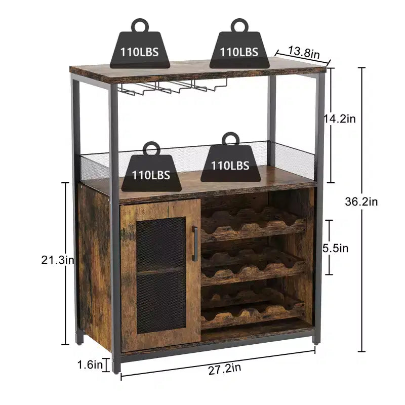 3-Tier Wine Bar Cabinet with Wine Rack and Storage Space, Buffet Cabinet with Glass Holder and Mesh Door, for Kitchen, Living Room and Bar