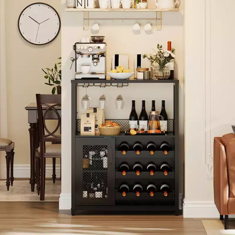 3-Tier Wine Bar Cabinet with Wine Rack and Storage Space, Buffet Cabinet with Glass Holder and Mesh Door, for Kitchen, Living Room and Bar
