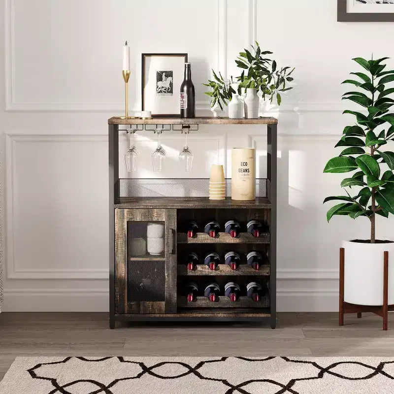 3-Tier Wine Bar Cabinet with Wine Rack and Storage Space, Buffet Cabinet with Glass Holder and Mesh Door, for Kitchen, Living Room and Bar