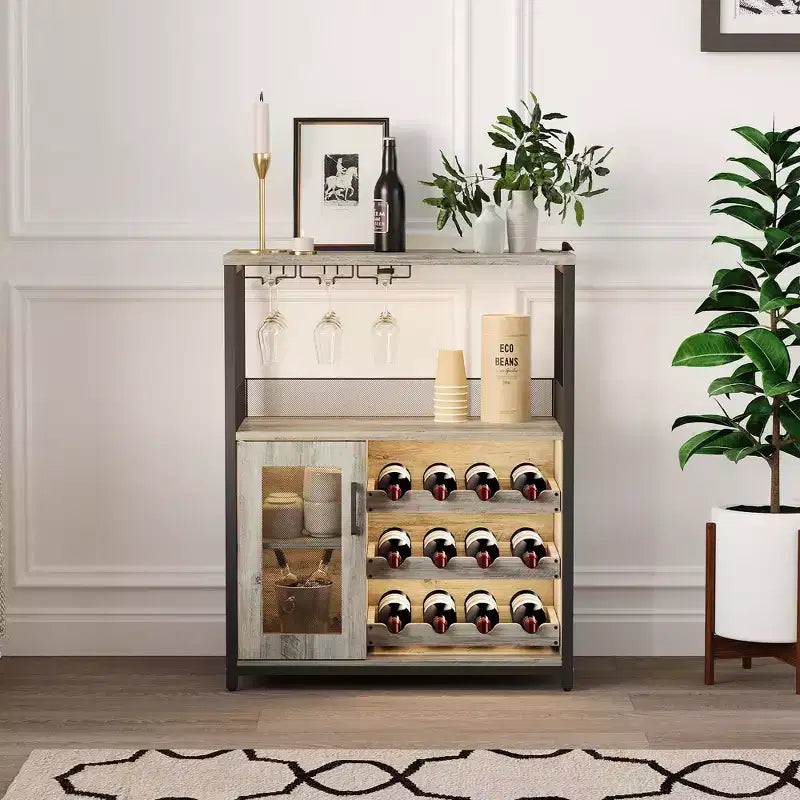 3-Tier Wine Bar Cabinet with Wine Rack and Storage Space, Buffet Cabinet with Glass Holder and Mesh Door, for Kitchen, Living Room and Bar