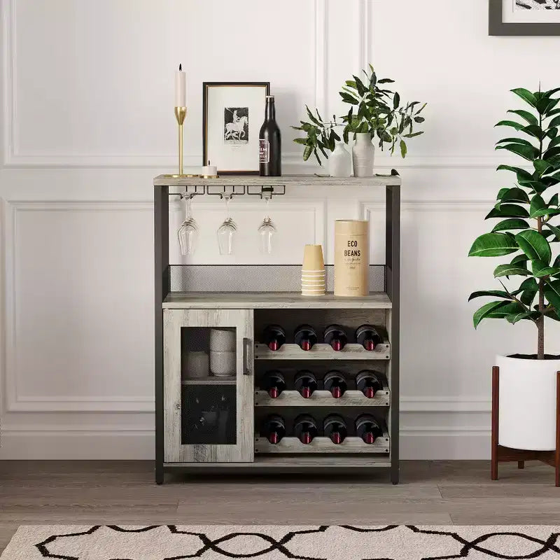 3-Tier Wine Bar Cabinet with Wine Rack and Storage Space, Buffet Cabinet with Glass Holder and Mesh Door, for Kitchen, Living Room and Bar