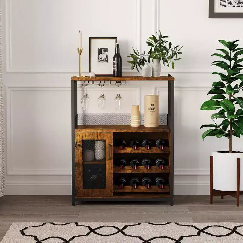 3-Tier Wine Bar Cabinet with Wine Rack and Storage Space, Buffet Cabinet with Glass Holder and Mesh Door, for Kitchen, Living Room and Bar