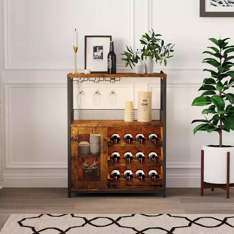 3-Tier Wine Bar Cabinet with Wine Rack and Storage Space, Buffet Cabinet with Glass Holder and Mesh Door, for Kitchen, Living Room and Bar