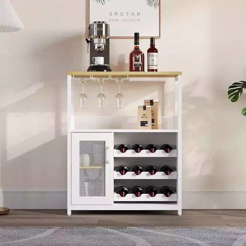 3-Tier Wine Bar Cabinet with Wine Rack and Storage Space, Buffet Cabinet with Glass Holder and Mesh Door, for Kitchen, Living Room and Bar