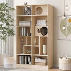 Okak Modern Bookshelf with Cat Litter Box, Display Case with Cat Climbing Shelf, 2 in 1 Bookcase for Living Room, Bedroom, Natural