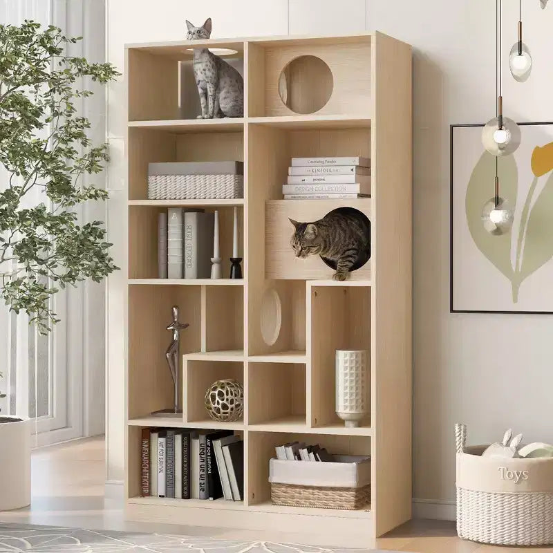 Okak Modern Bookshelf with Cat Litter Box, Display Case with Cat Climbing Shelf, 2 in 1 Bookcase for Living Room, Bedroom, Natural