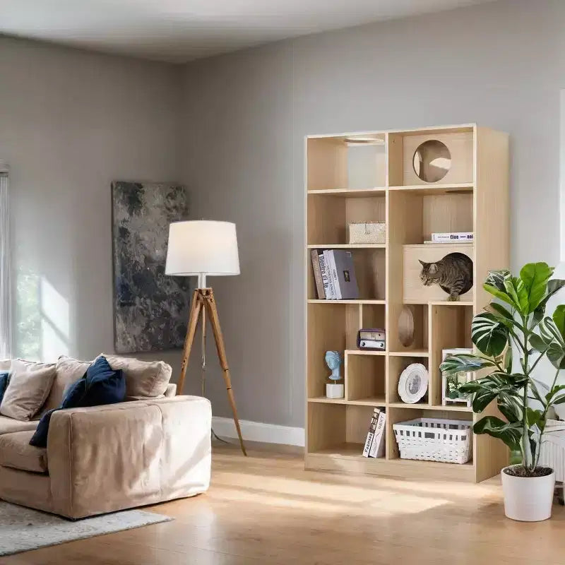 Okak Modern Bookshelf with Cat Litter Box, Display Case with Cat Climbing Shelf, 2 in 1 Bookcase for Living Room, Bedroom, Natural