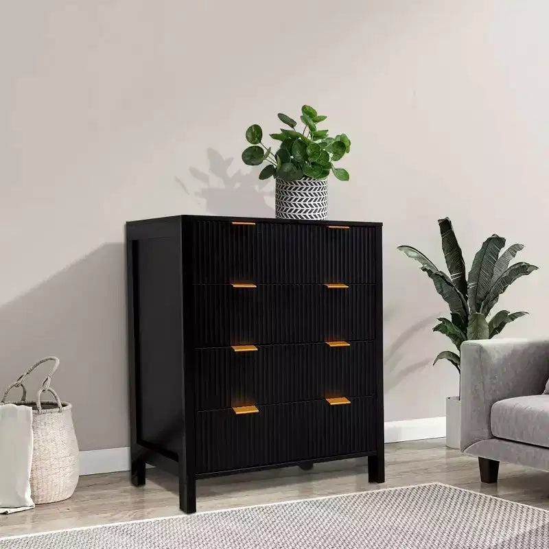 Dresser, Chest of Drawers, 4 Drawer Dresser, Waveform Fluted Panel Wood Dresser, Modern Dressers for Storage Drawers for Bedroom, Closet Living Room