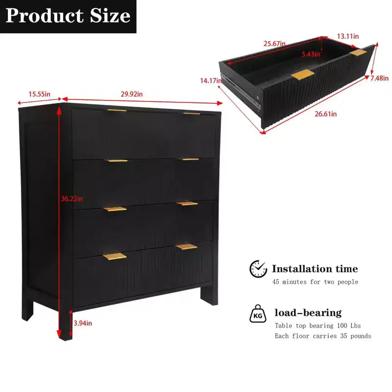Dresser, Chest of Drawers, 4 Drawer Dresser, Waveform Fluted Panel Wood Dresser, Modern Dressers for Storage Drawers for Bedroom, Closet Living Room