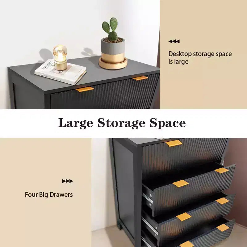 Dresser, Chest of Drawers, 4 Drawer Dresser, Waveform Fluted Panel Wood Dresser, Modern Dressers for Storage Drawers for Bedroom, Closet Living Room