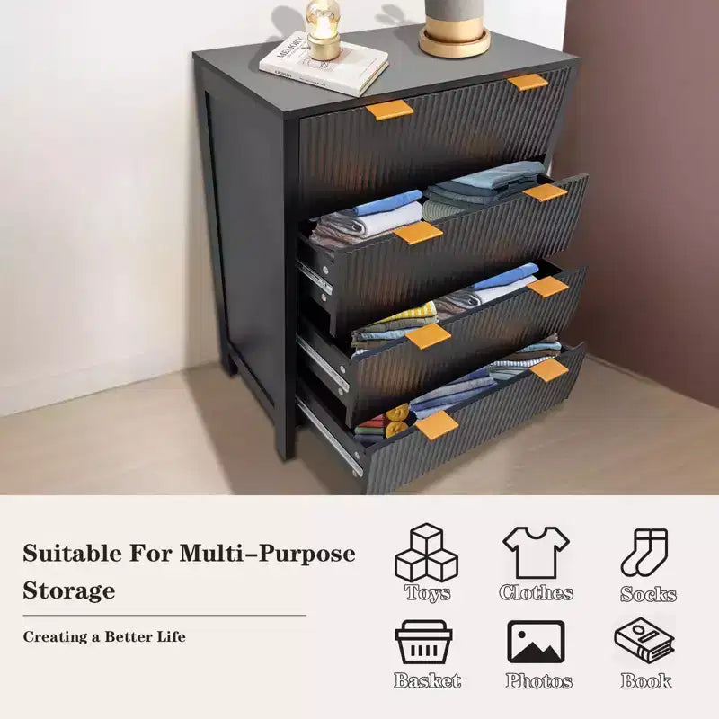 Dresser, Chest of Drawers, 4 Drawer Dresser, Waveform Fluted Panel Wood Dresser, Modern Dressers for Storage Drawers for Bedroom, Closet Living Room
