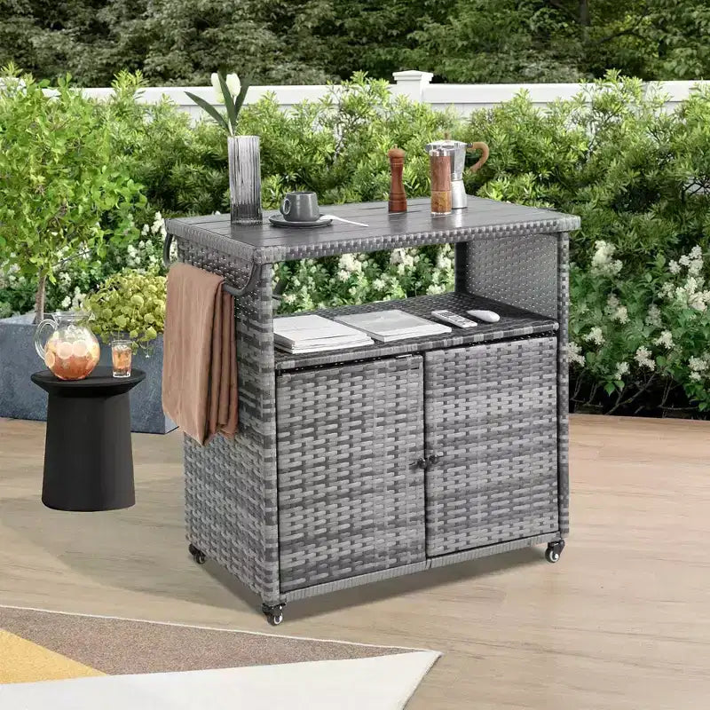 Outdoor Wicker Wine and Beverage Bar Cart with Glass Top