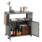 Outdoor Wicker Wine and Beverage Bar Cart with Glass Top