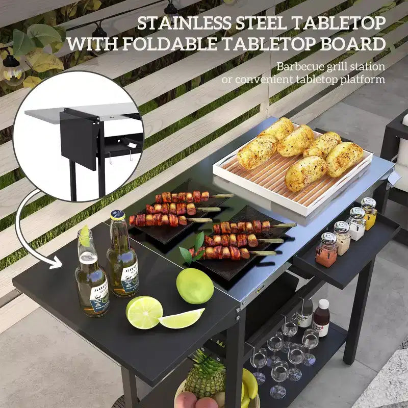 Outdoor Bar Serving Cart with Stainless Steel Top and Storage