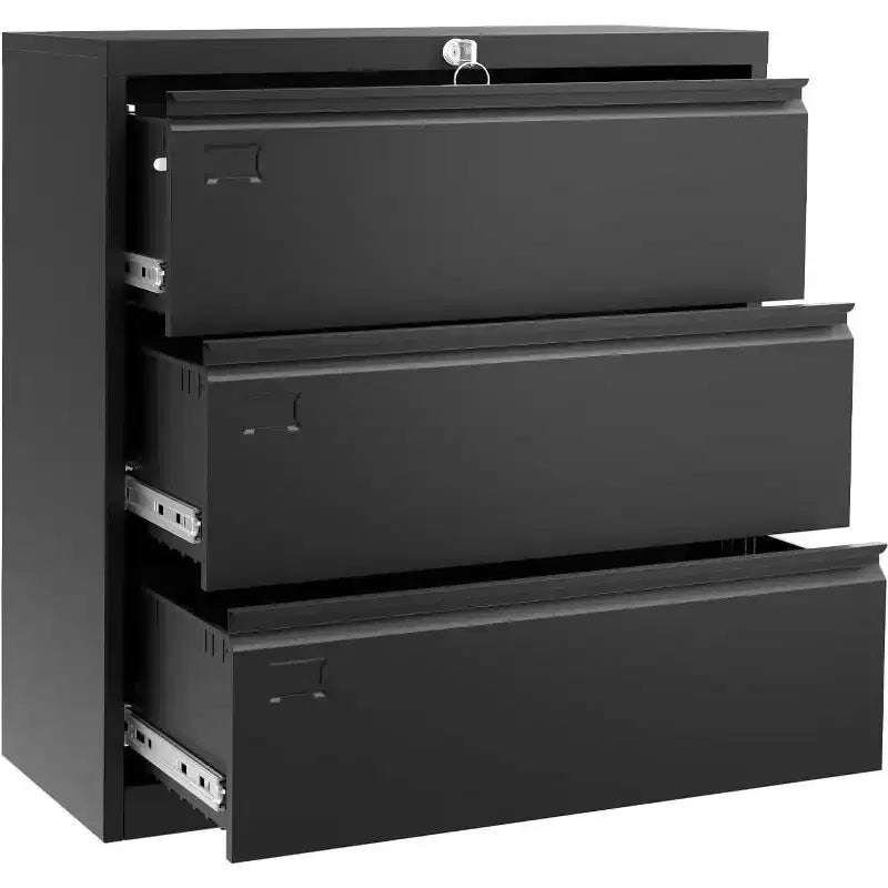 3-Drawer Lateral File Cabinet with Lock – Black Metal