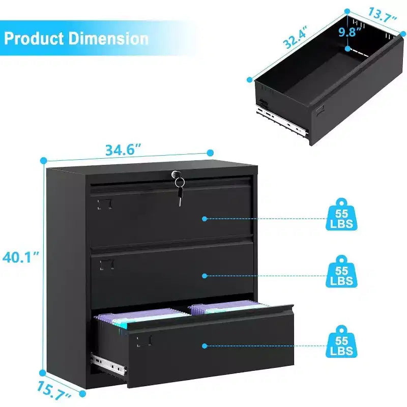 3-Drawer Lateral File Cabinet with Lock – Black Metal