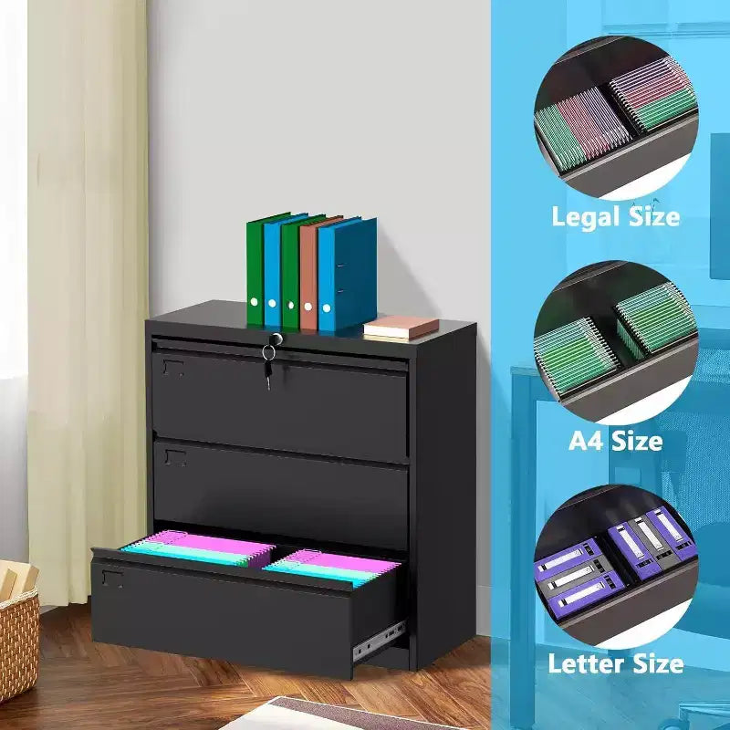 3-Drawer Lateral File Cabinet with Lock – Black Metal