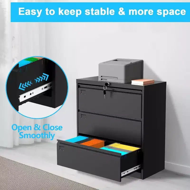 3-Drawer Lateral File Cabinet with Lock – Black Metal