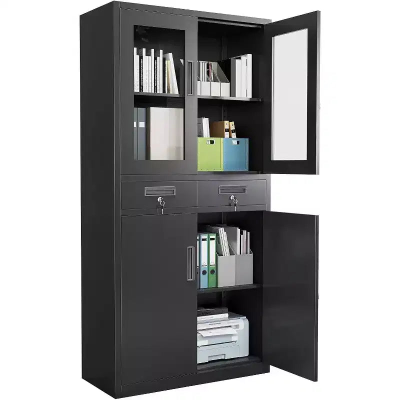 71-Inch Storage Cabinet with Glass Doors and Lockable Drawers