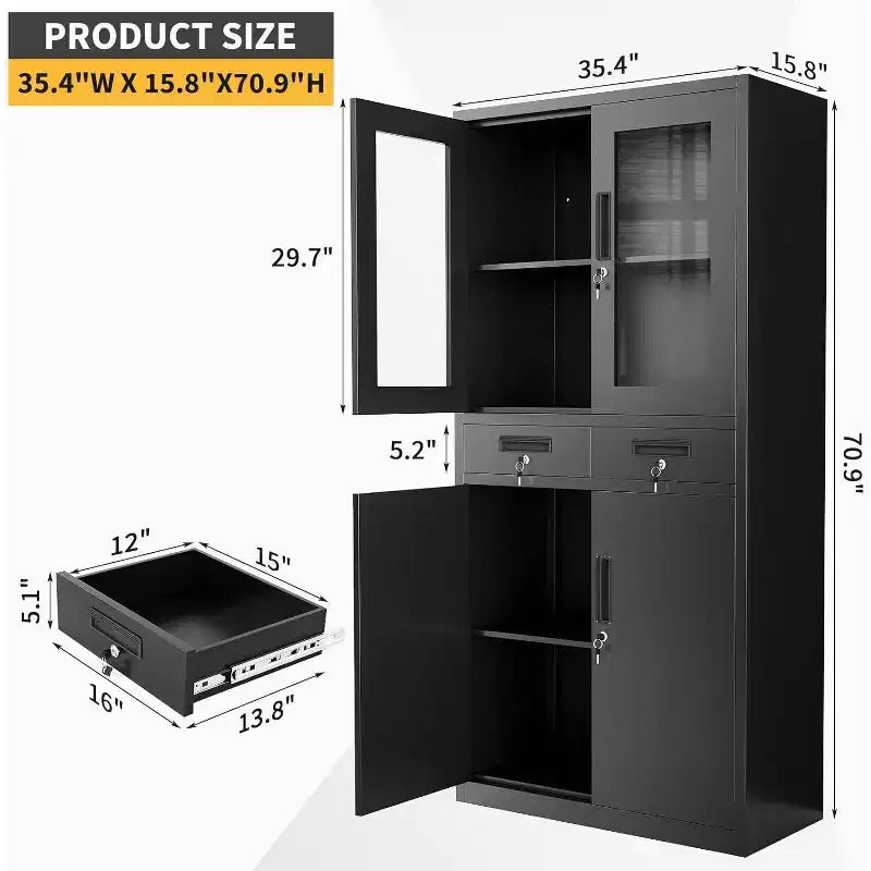 71-Inch Storage Cabinet with Glass Doors and Lockable Drawers