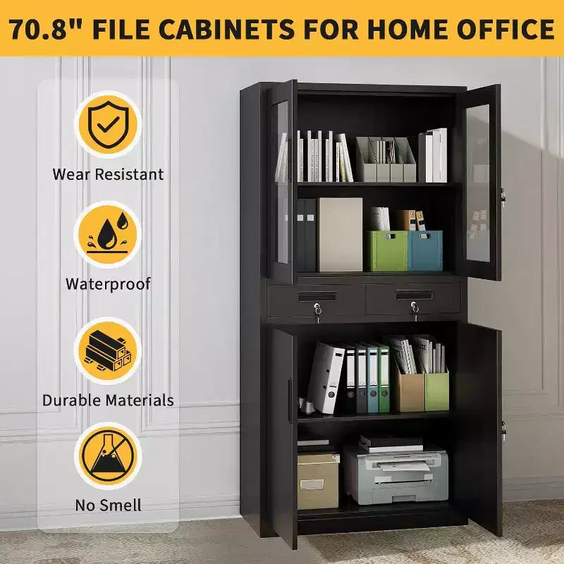 71-Inch Storage Cabinet with Glass Doors and Lockable Drawers