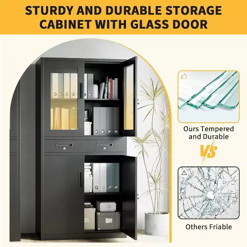 71-Inch Storage Cabinet with Glass Doors and Lockable Drawers