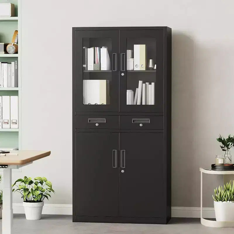 71-Inch Storage Cabinet with Glass Doors and Lockable Drawers