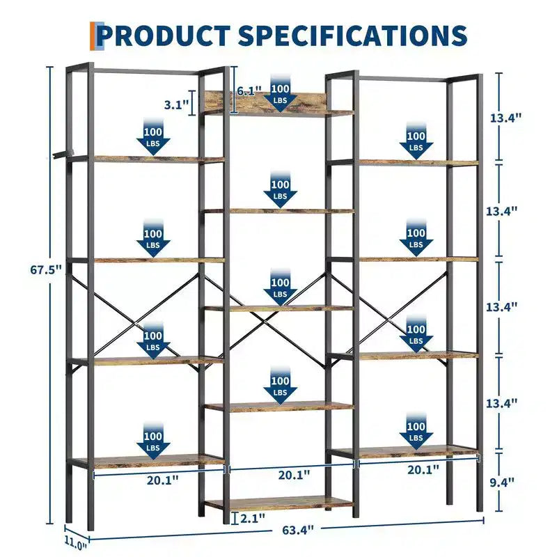 Triple Column 5-Tier Industrial Bookshelf with 14 Shelves