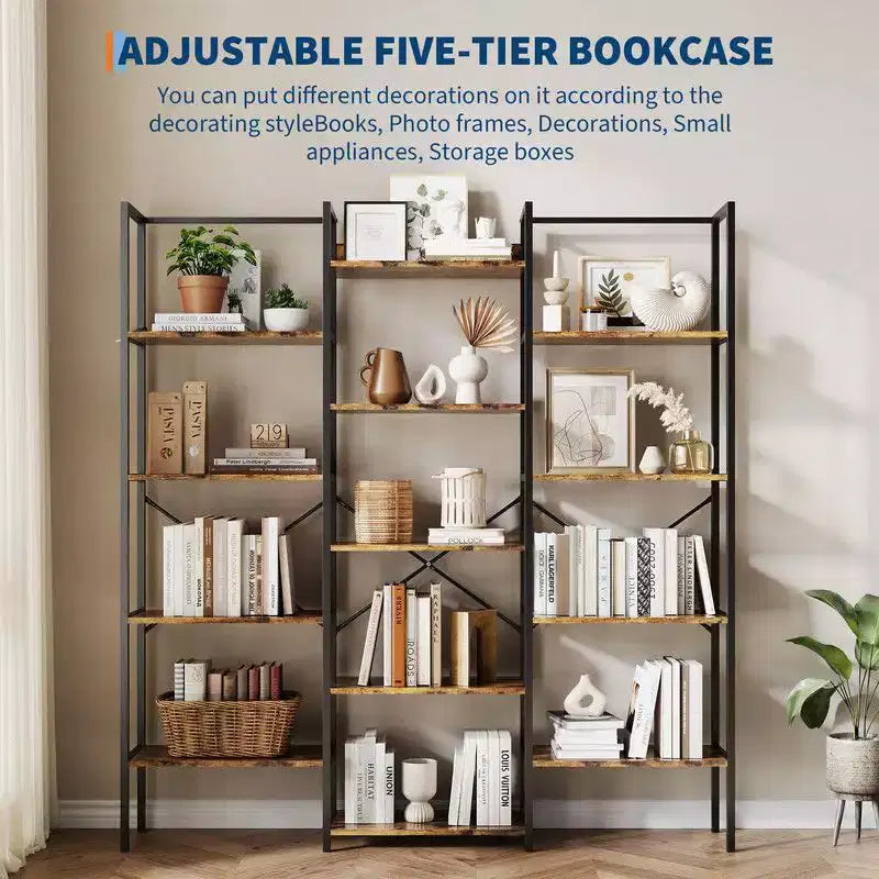 Triple Column 5-Tier Industrial Bookshelf with 14 Shelves