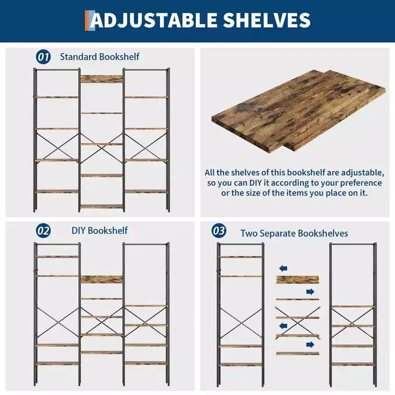 Triple Column 5-Tier Industrial Bookshelf with 14 Shelves