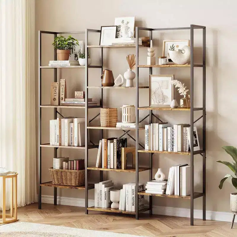 Triple Column 5-Tier Industrial Bookshelf with 14 Shelves