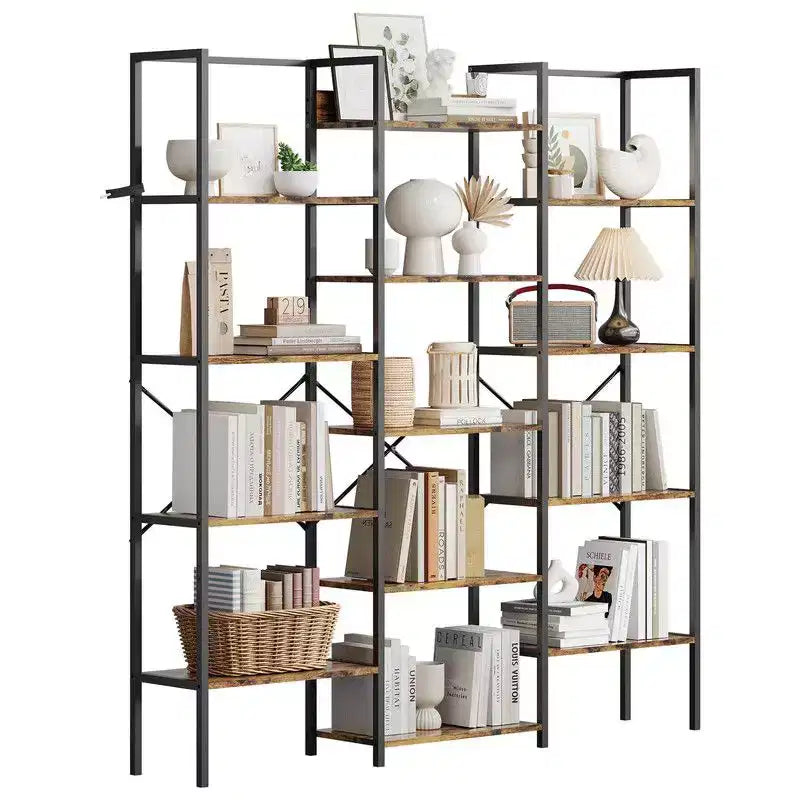 Triple Column 5-Tier Industrial Bookshelf with 14 Shelves