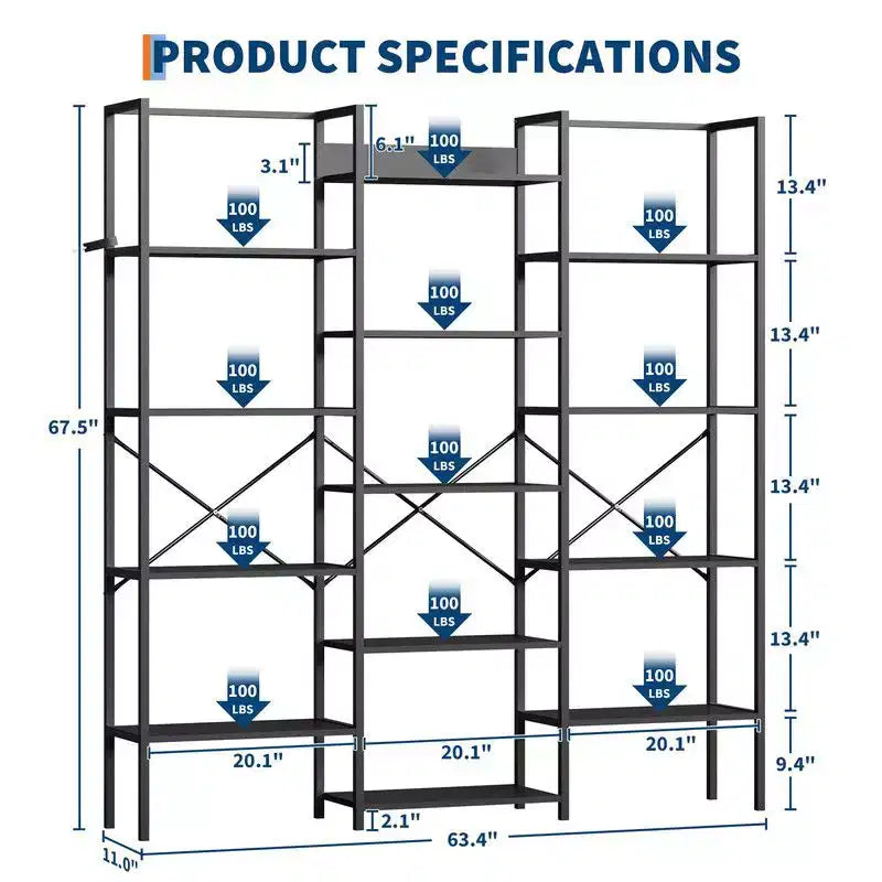 Triple Column 5-Tier Industrial Bookshelf with 14 Shelves