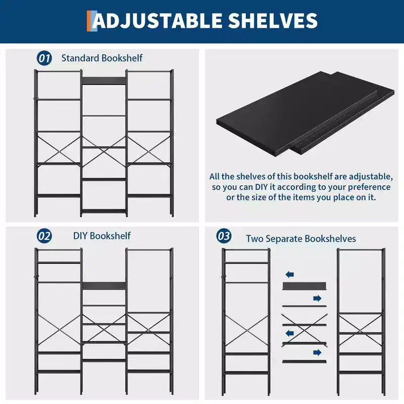 Triple Column 5-Tier Industrial Bookshelf with 14 Shelves