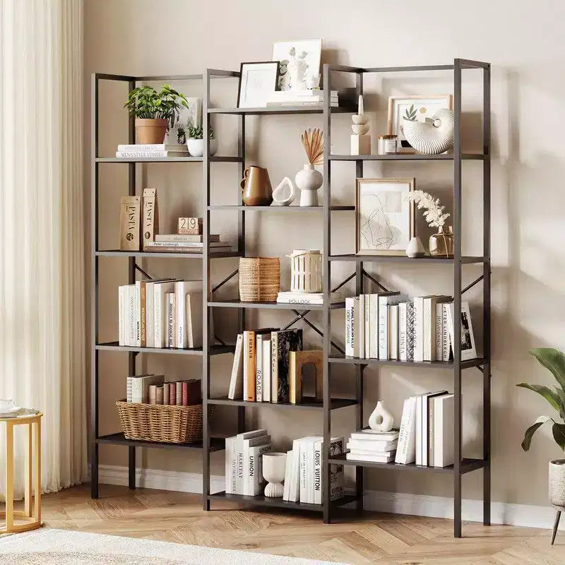 Triple Column 5-Tier Industrial Bookshelf with 14 Shelves