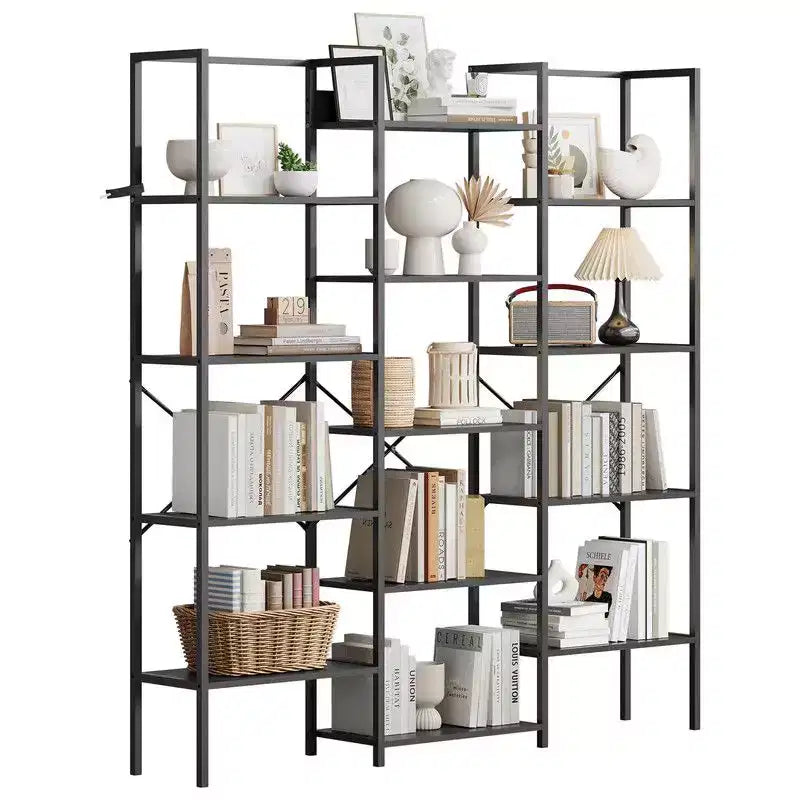 Triple Column 5-Tier Industrial Bookshelf with 14 Shelves