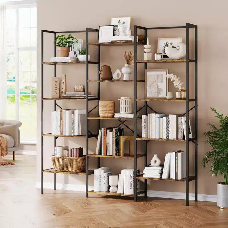 Triple Column 5-Tier Industrial Bookshelf with 14 Shelves