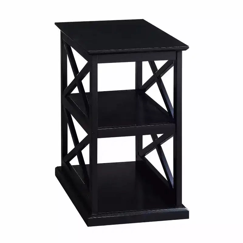 HomeStock Belmont Chairside End Table with Shelves Stylish Double X Frame Three-Tier Storage Accent Table for Transitional Home Dcor