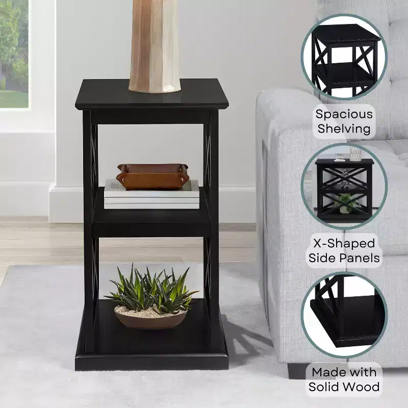 HomeStock Belmont Chairside End Table with Shelves Stylish Double X Frame Three-Tier Storage Accent Table for Transitional Home Dcor