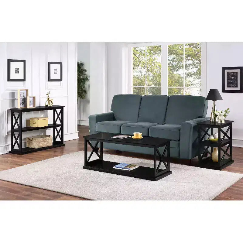 HomeStock Belmont Chairside End Table with Shelves Stylish Double X Frame Three-Tier Storage Accent Table for Transitional Home Dcor