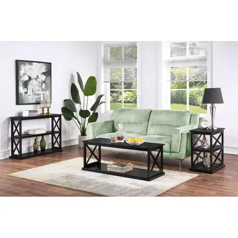 HomeStock Belmont Chairside End Table with Shelves Stylish Double X Frame Three-Tier Storage Accent Table for Transitional Home Dcor