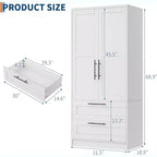 Wooden Armoire Wardrobe Closet with 2 Drawers, 70 Tall Storage Cabinet with 2 Doors, Modern Bedroom Clothing Armoires with Hanging Rods, White
