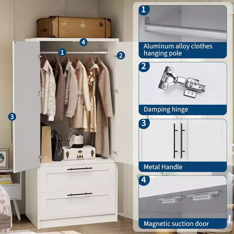 Wooden Armoire Wardrobe Closet with 2 Drawers, 70 Tall Storage Cabinet with 2 Doors, Modern Bedroom Clothing Armoires with Hanging Rods, White