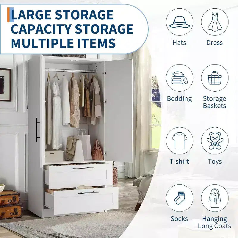 Wooden Armoire Wardrobe Closet with 2 Drawers, 70 Tall Storage Cabinet with 2 Doors, Modern Bedroom Clothing Armoires with Hanging Rods, White
