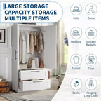 Wooden Armoire Wardrobe Closet with 2 Drawers, 70 Tall Storage Cabinet with 2 Doors, Modern Bedroom Clothing Armoires with Hanging Rods, White
