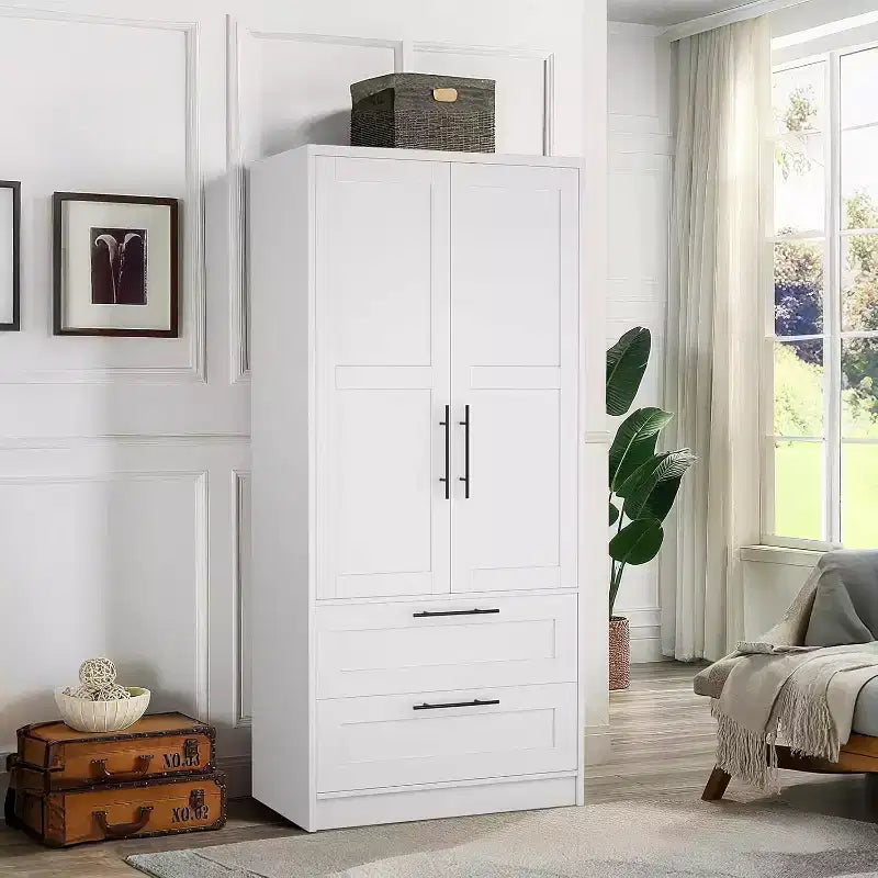 Wooden Armoire Wardrobe Closet with 2 Drawers, 70 Tall Storage Cabinet with 2 Doors, Modern Bedroom Clothing Armoires with Hanging Rods, White