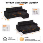 84 L-Shaped Sectional Sofa Bed - Reversible Storage Chaise with USB Ports & Cup Holders - Black
