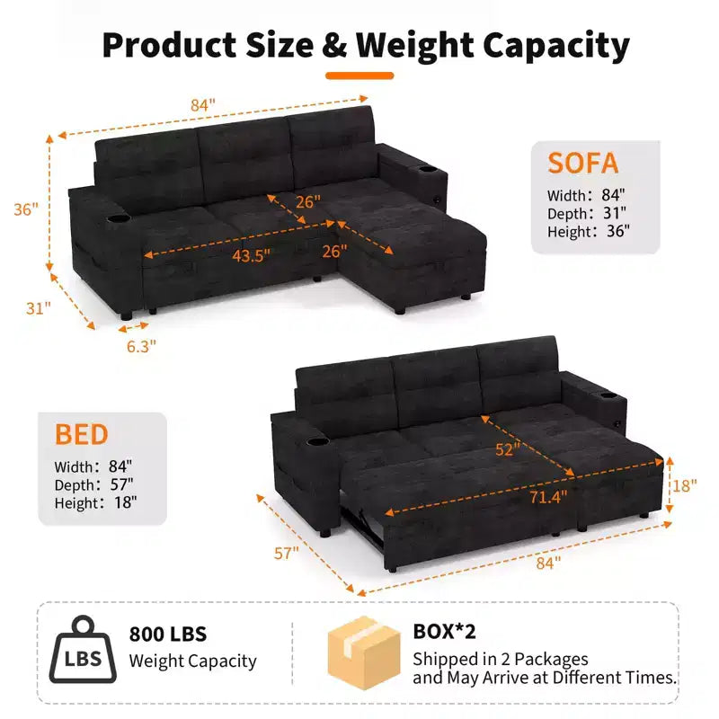 84 L-Shaped Sectional Sofa Bed - Reversible Storage Chaise with USB Ports & Cup Holders - Black