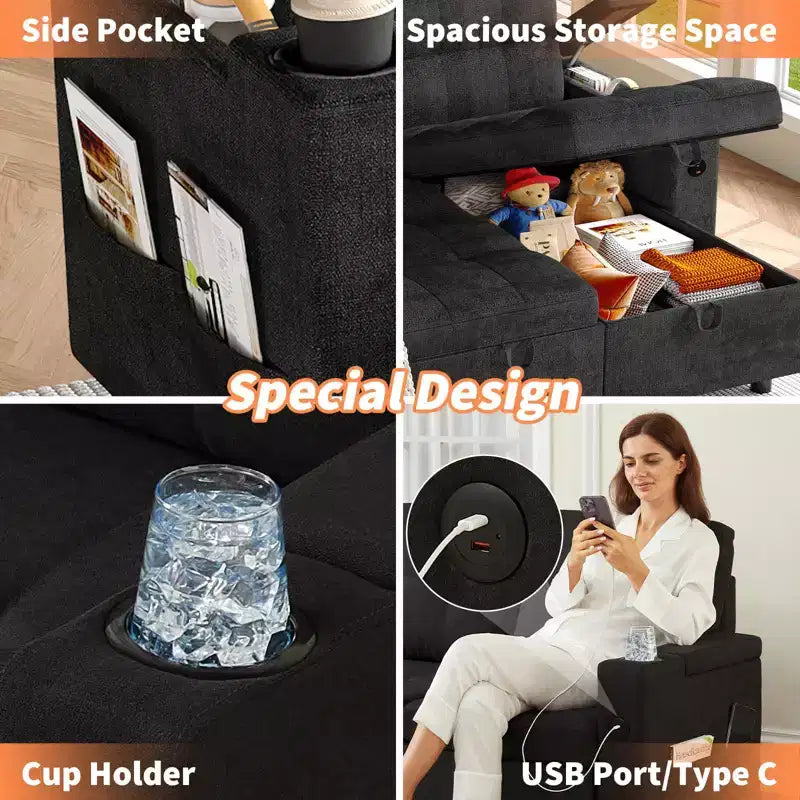 84 L-Shaped Sectional Sofa Bed - Reversible Storage Chaise with USB Ports & Cup Holders - Black